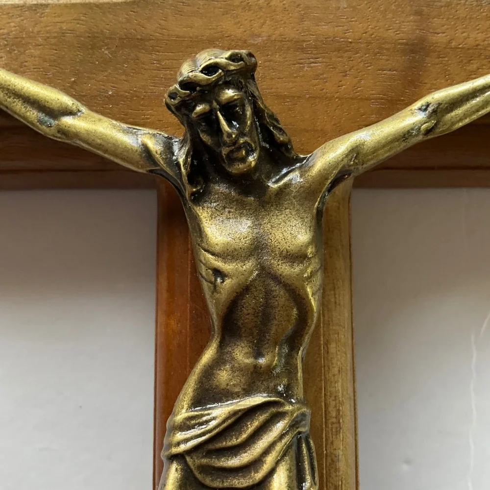 Vintage Wooden Standing Wall Crucifix Brass Corpus INRI Altar Desk Cross 11